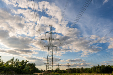 High-voltage power lines. Electricity distribution station. high voltage electric transmission tower