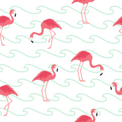 Vector illustration seamless pattern with pink flamingo. Exotic bird.