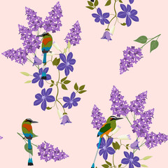 Seamless beautiful summer vector illustration with lilac, clematis and exotic birds.