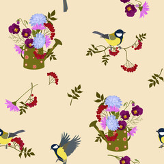 Seamless vector illustration of a bouquet of flowers of chrysanthemum,chamomile,birds, watering can
