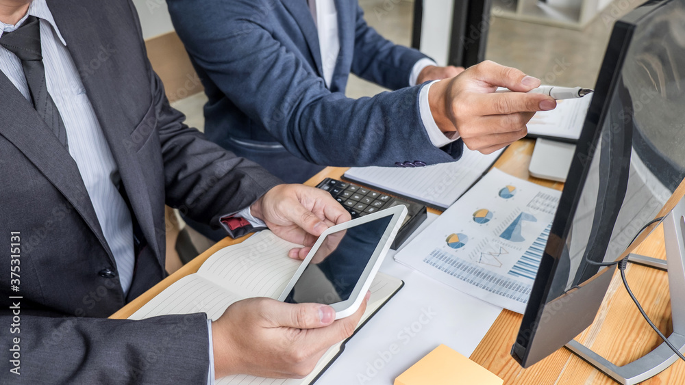 Poster business team investment working with computer, planning and analyzing graph stock market trading wi