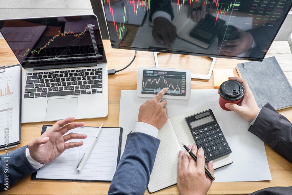 Poster business team investment working with computer, planning and analyzing graph stock market trading wi