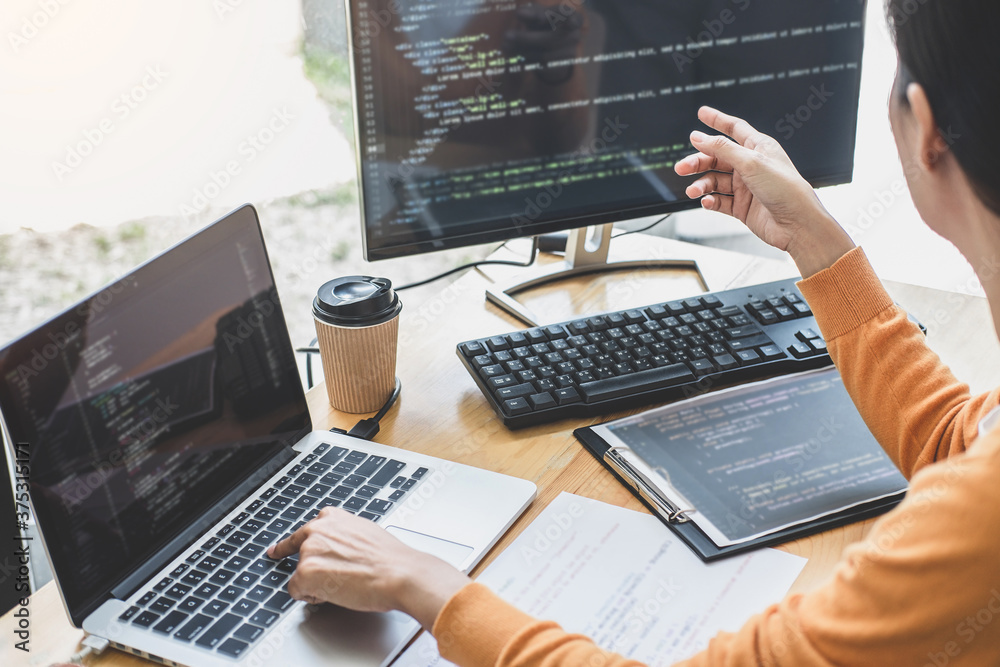 Aufkleber young professional programmer working at developing programming and website working in a software de