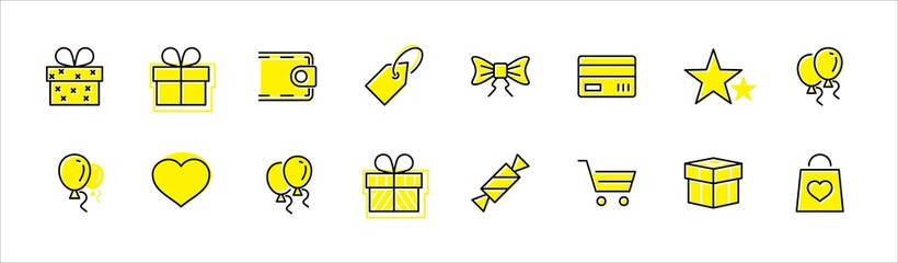 Set of gifts, vector line icons. Contains symbols gift cards, ribbons and more. Editable Stroke. 32x32 pixel.