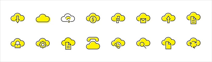 Set of cloud vector line icon. It contains symbols to upload, download, link and more. Editable Stroke. 32x32 pixels.