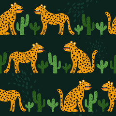 Leopards, cactuses, hand drawn backdrop. Colorful seamless pattern with animals. Decorative cute wallpaper, good for printing. Overlapping background vector. Design illustration