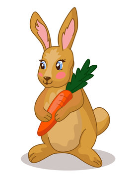Children's illustration of a cute bunny with a carrot. Rabbit hold carrot. Isolated vector image