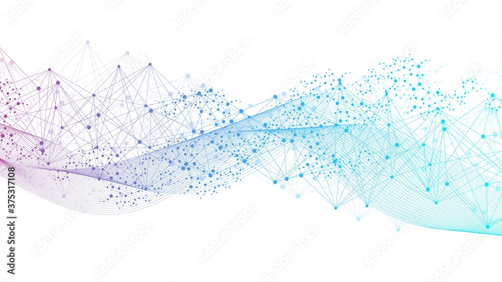Poster geometric abstract background with connected line and dots. structure molecule and communication. bi