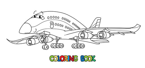 Funny airliner plane with eyes. Coloring book