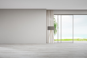 Blank wall on empty wooden floor of large living room in modern house or luxury villa. Minimal home interior 3d rendering with beach and sea view.
