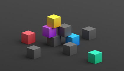 Abstract 3d render, geometric composition, modern background design with cubes