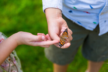 Kids playing with a butterfly in the garden