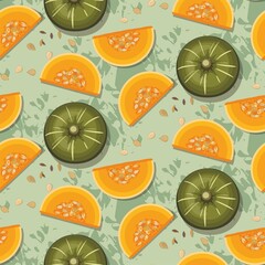 Pattern of pumpkins on green background. Autumn texture for thanksgiving, harvest and halloween.