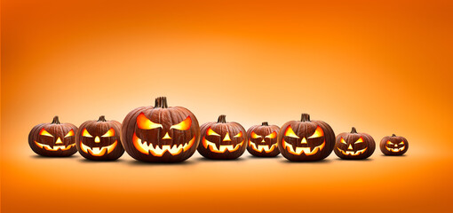 Nine halloween, Jack O Lanterns, with evil spooky eyes and faces isolated against a orange and yellow lit background.