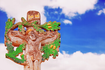 Very ancient statue of crucifixion of Jesus Christ as a symbol of resurrection and immortality of...