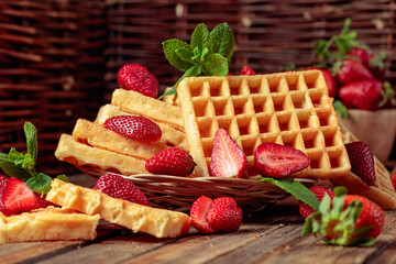 Waffles with strawberries and mint twig.