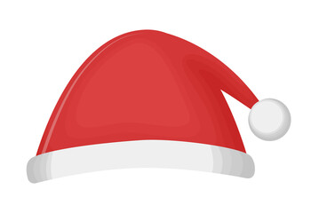 Red Christmas hat with white pompom. Santa cap isolated on a white background. Vector illustration.