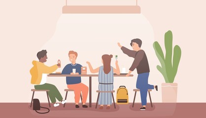 Adolescent children spend time together during school break talking and eating in canteen. Students sitting at dining room. Pupils inside cafeteria having lunch. Flat vector cartoon illustration