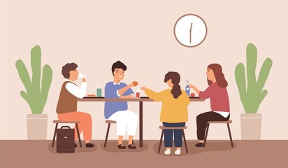 Children sitting and eating at table at school canteen. Pupils having mealtime at cafeteria. Scene of classmates dining or lunch together. Flat vector cartoon illustration of pre teen schoolchildren