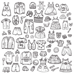 Big set of cute hand drawn clothes and toys for babies. Childish collection. Vector