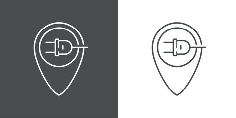 Concepto energía eléctrica. Logotipo lineal enchufe eléctrico con cable en puntero en fondo gris y fondo blanco © teracreonte
