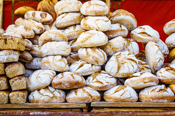 Many rustic fresh bread loaves