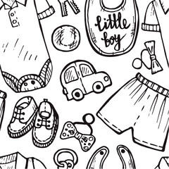 Seamless pattern with cute hand drawn clothes for baby boy including shirt, shoes, shorts, and toys. Childish clothes collection. Vector