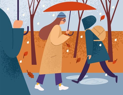 Girl with umbrella walking alone in the street among hurrying passersby in the autumn rain. Single woman character in raincoat promenade in fall rainy weather. Flat cartoon vector illustration