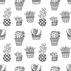 Seamless pattern with cute hand drawn cactuses and succulents. Doodle collection of house plants. Vector