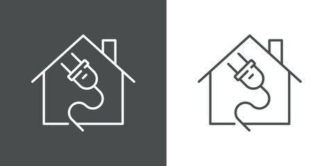 Concepto energía eléctrica. Logotipo lineal enchufe eléctrico con cable en una casa en fondo gris y fondo blanco