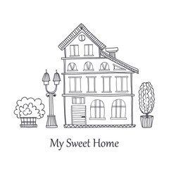 Card template with cute hand drawn house. Vector city street collection