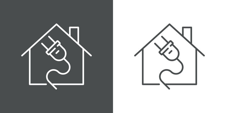 Concepto energ&iacute;a el&eacute;ctrica. Logotipo lineal enchufe el&eacute;ctrico con cable en una casa en fondo gris y fondo blanco