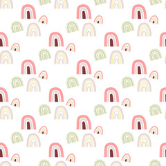 Seamless pattern. Illustration of a cute rainbow on a white background. Scandinavian design. Kids collection. The concept of textiles, decor, wallpaper and design. Hand drawn. vector