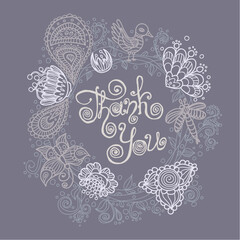 Perfect hand drawn floral wreath. Card template with floral composition and slogan "thank you". Vector