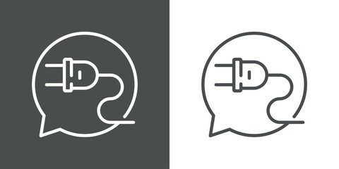 Concepto energía eléctrica. Logotipo lineal enchufe eléctrico con cable como burbuja de habla en fondo gris y fondo blanco