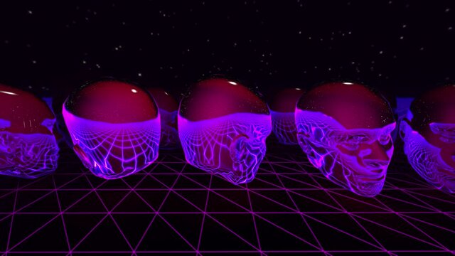 Retrofuturistic seamless animation of metal human heads. Neon glossy elegant background of humanoid or artificial intelligence concept.