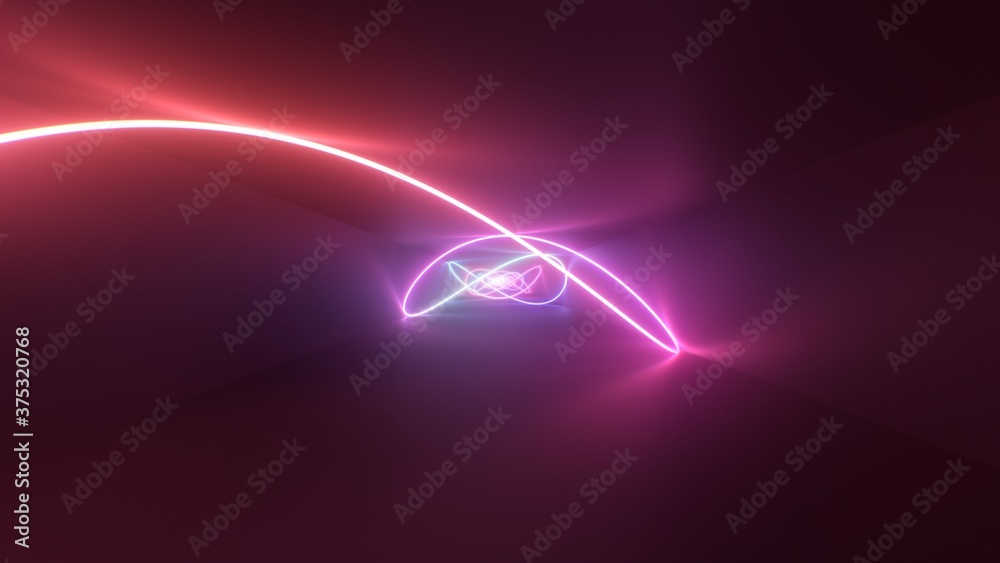 Wall mural ultraviolet neon laser curve glows inside reflective endless tunnel - abstract background texture