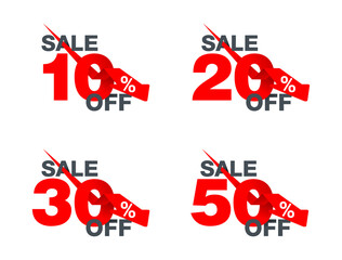 Sale sticker - 10, 20, 30 and 50 off with creative arrow down - vector isolated sticker set for marketing promotion