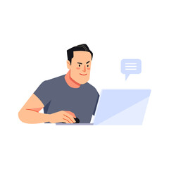 Work online from home. Smiling man using laptop at home in living room. Happy mature businessman send email and working at home. Cartoon style vector illustration