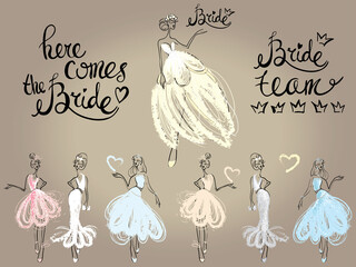 Fashion attractive wedding greeting card with here comes the bride model pose, bridesmaid. Beautiful hand drawn sketch on vintage background. Fashion style, beauty invitation card, banner, design