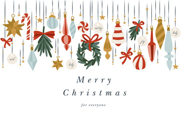 Vector illustartion design for Christmas greetings card. Typography and icons for Xmas background, banners or posters and other printables. Xmas decorations.