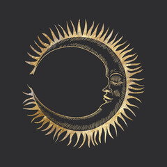 chic golden luxurious retro vintage engraving style. image of the sun and moon phases. culture of occultism. Vector graphics