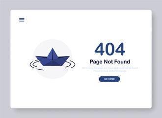 404 error page not found banner. Go to home. Origami paper boat or ship. System error, broken page. Сircles on the water. Popping window for website. Web Template. Blue. Eps 10