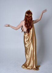 Full length portrait of girl with red hair wearing long grecian toga and golden wreath. Standing pose with back to the camera,  isolated against a grey studio background.