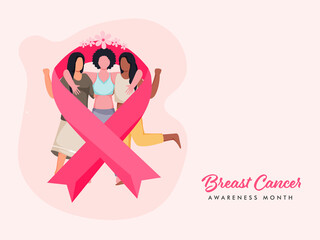 Breast Cancer Ribbon with Faceless Young Girls Hugging Together on Pastel Pink Background for Awareness Month.