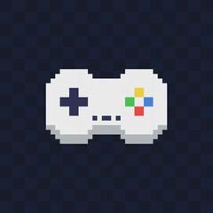 Pixel art 8 bit gamepad for game console with blue, green, yellow, red buttons. Isolated vector icon of wired controller on transparent background. Textiles, print, t-shirts, web. © Art Alex