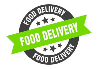 food delivery sign. round ribbon sticker. isolated tag