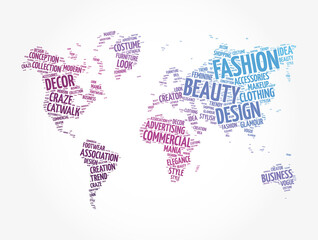 Plakat Fashion word cloud in shape of world map, concept background