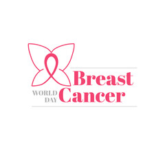 Pink ribbon with butterfly. Breast cancer awareness symbol. World Breast Cancer Day on October 15.