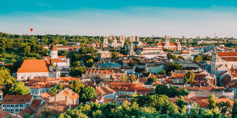 Vilnius, Lithuania. Summer Sunset Sunrise Over Cityscape Of Vilnius, Lithuania. Beautiful View Of Old Town at Evening